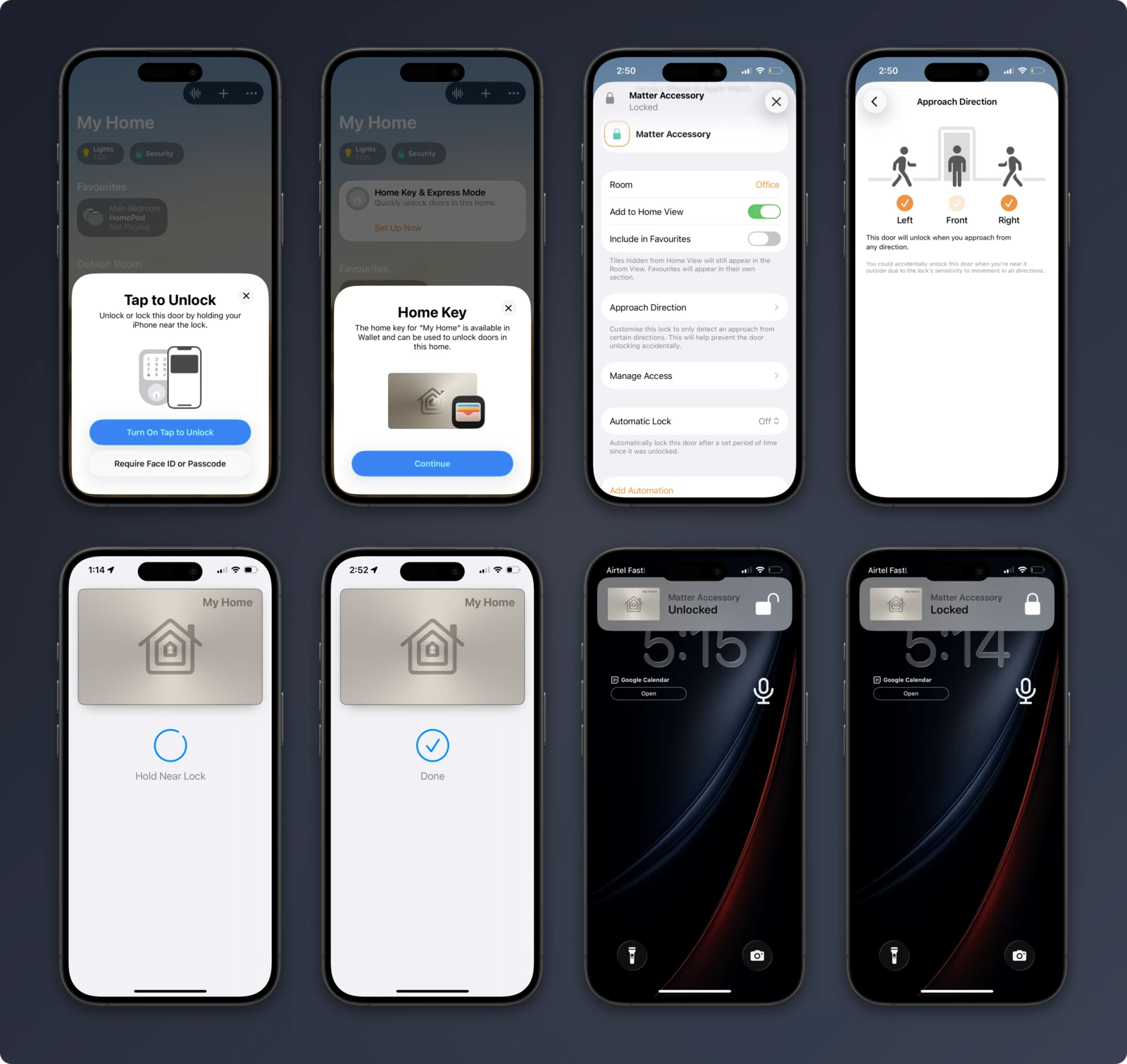 Eight iPhone screenshots of the Aliro lock in use: Tap to Unlock and Home Key setup, approach and lock settings in the Home app, tap-to-unlock at the reader, and lock-state notifications on the Lock Screen
