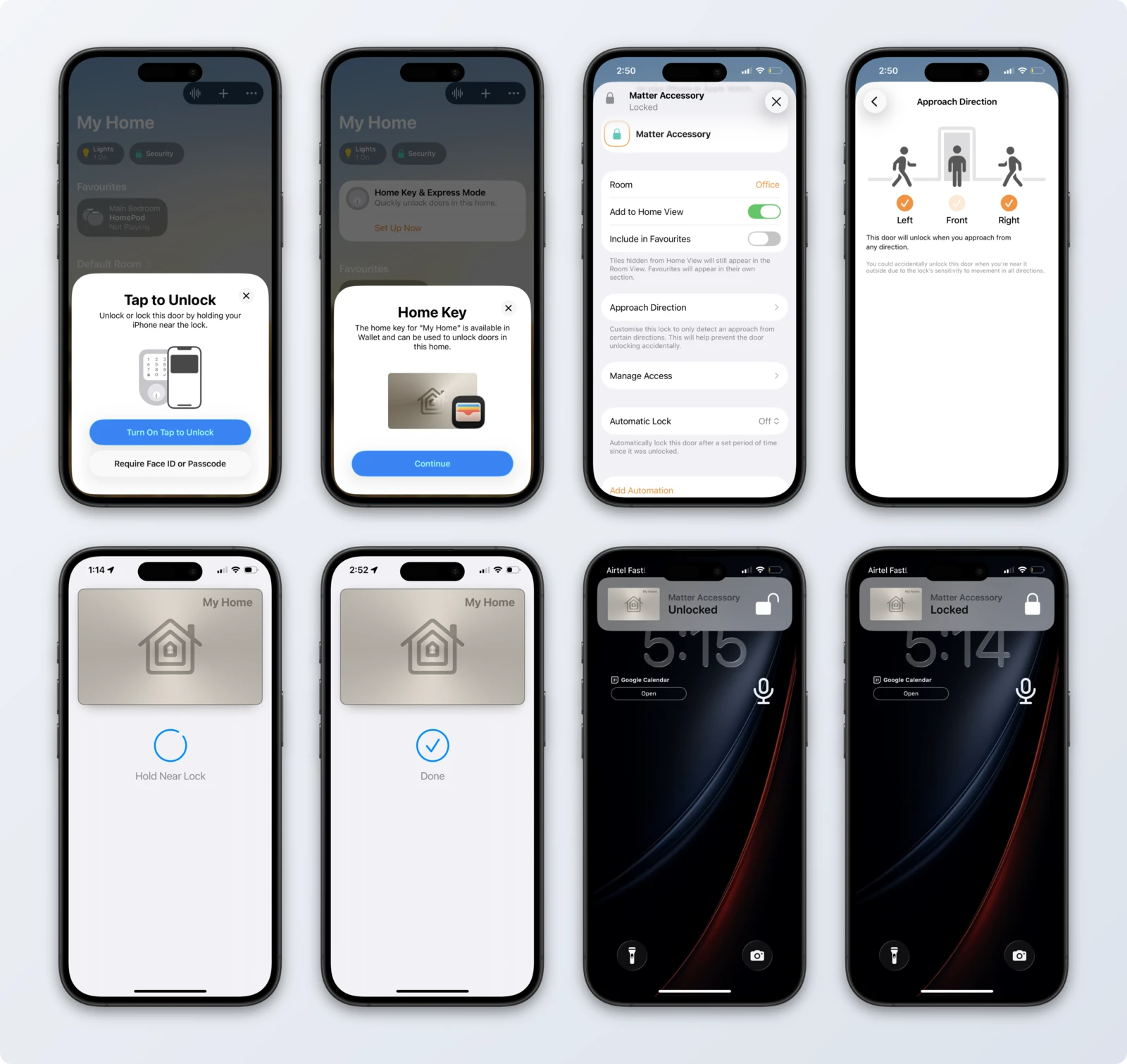 Eight iPhone screenshots of the Aliro lock in use: Tap to Unlock and Home Key setup, approach and lock settings in the Home app, tap-to-unlock at the reader, and lock-state notifications on the Lock Screen